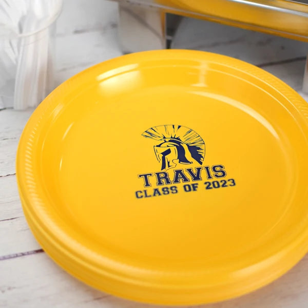 Yellow grad party dinner plates custom printed with school mascot design and custom text in navy print