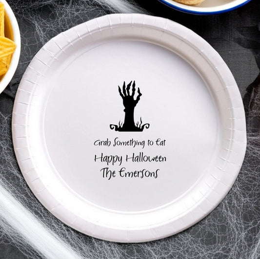 Tippytoad white plate with black zombie hand and text custom printed paper halloween appetizer and dessert Plates