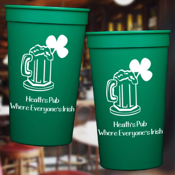 Green color 22 oz. stadium cups personalized with saint patricks day theme design and 2 lines of text in white print for bar and pub drinking cups 