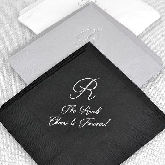 black, silver, white personalized wedding reception dinner napkins