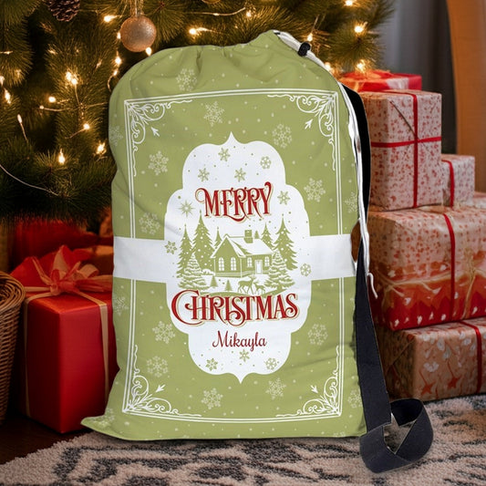 Personalized green cabin Santa sack with Merry Christmas design for festive gift storage