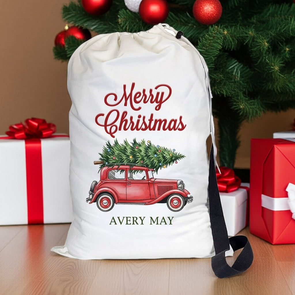 Merry Christmas Santa Sack with vintage truck and Christmas tree design