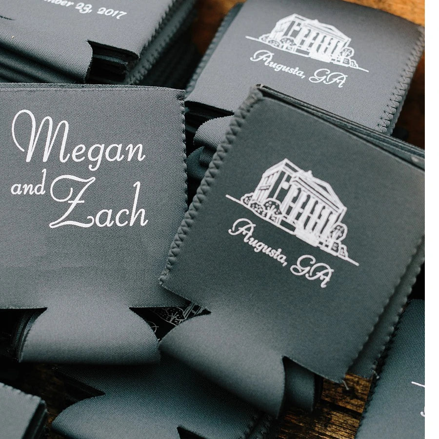 charcoal color wedding reception can sleeves personalized with bride and groom name and custom art in white print