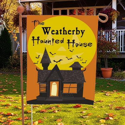 halloween garden flag personalized featuring Weatherby Haunted House design with large moon bats and ghost on yard display