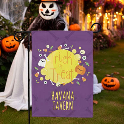 personalized Halloween garden flag purple Trick or Treat design with ghost candy pumpkin and Havana Tavern name