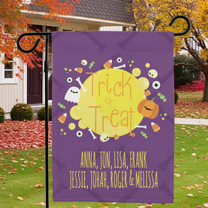 Purple personalized Halloween garden flag showing yellow Trick or Treat circle with ghosts candy skulls pumpkin and family names