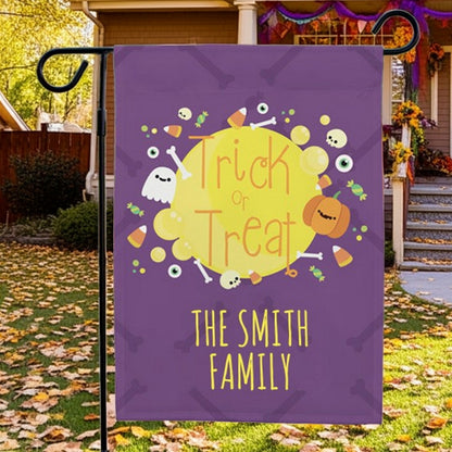 personalized Halloween garden flag purple with yellow Trick or Treat circle ghosts candy bones eyeballs and custom family name