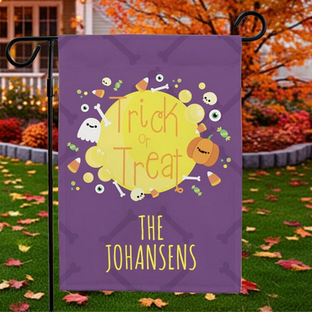Purple personalized Halloween garden flag with Trick or Treat design and custom family name The Johansens