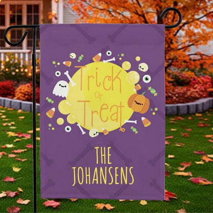 Purple personalized Halloween garden flag with Trick or Treat design and custom family name The Johansens