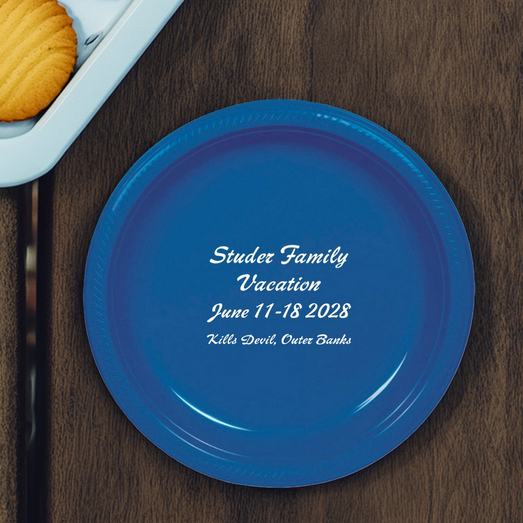 Blue customized 7 In plastic family reunion plates with white text for Studer Family Vacation 2028