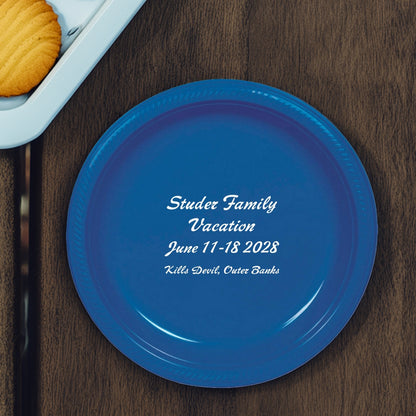 Blue customized 7 In plastic family reunion plates with white text for Studer Family Vacation 2028
