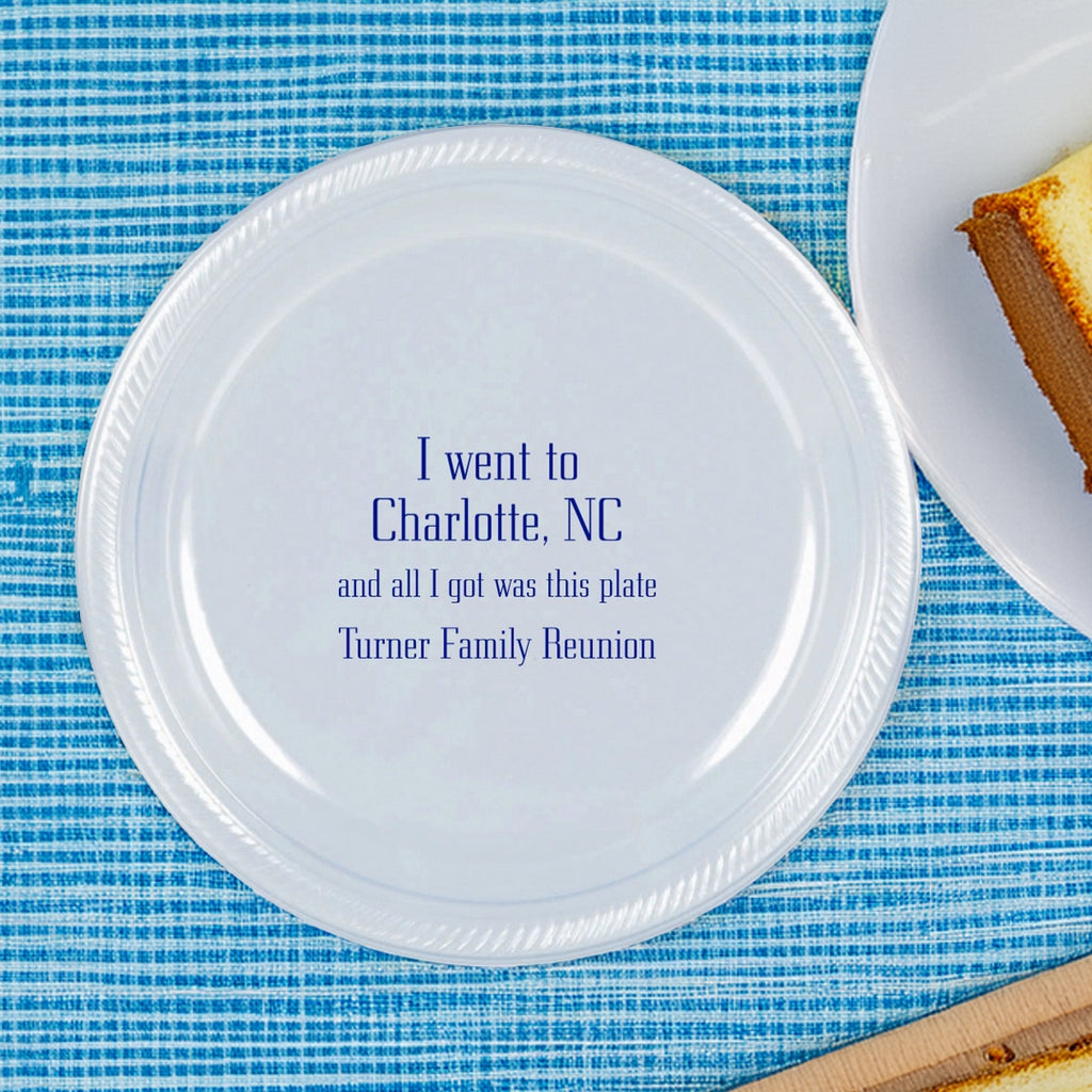 Customized 7 In plastic family reunion plates with Turner Family Reunion text in blue on white plate