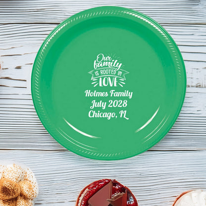 Customized 7 In plastic family reunion plates in green with white family reunion text design