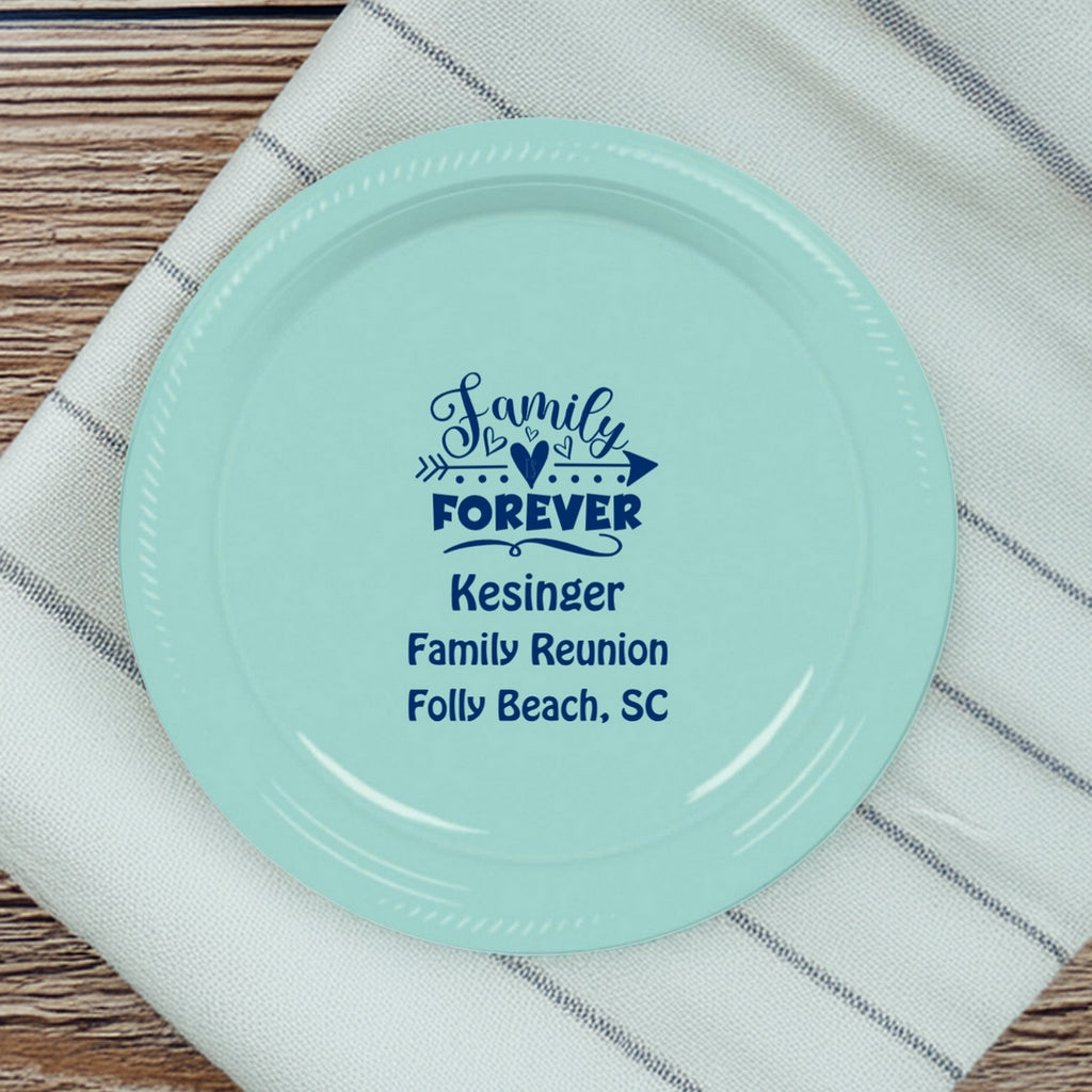 Customized 7 In plastic family reunion plates in light blue with family forever design and personalized text