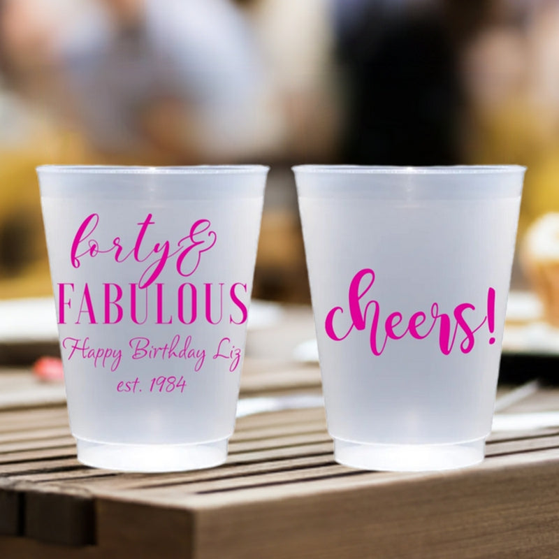 Forty and Fabulous customized birthday party cups personalized with custom text and 'Cheers!' design in hot pink print for 40th birthday.