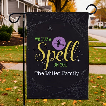Customized Halloween garden flag black with witch silhouette purple moon spider webs and The Miller Family name for yard decor