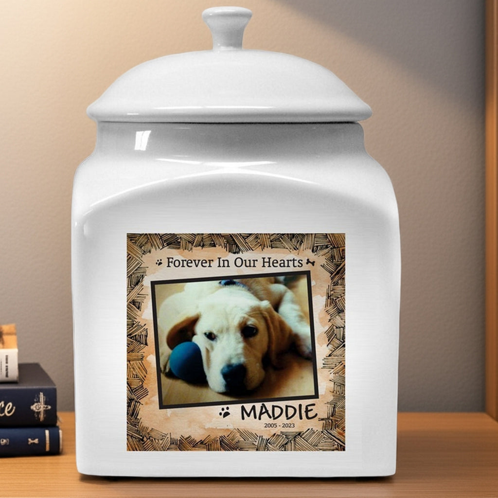 White ceramic personalized photo dog urn with custom dog picture and text