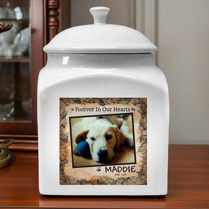 Personalized photo dog urn with custom pet image and name Maddie on white ceramic urn