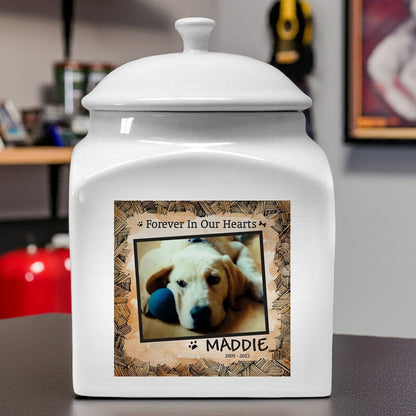 Personalized photo dog urn with custom pet image and name Maddie for memorial