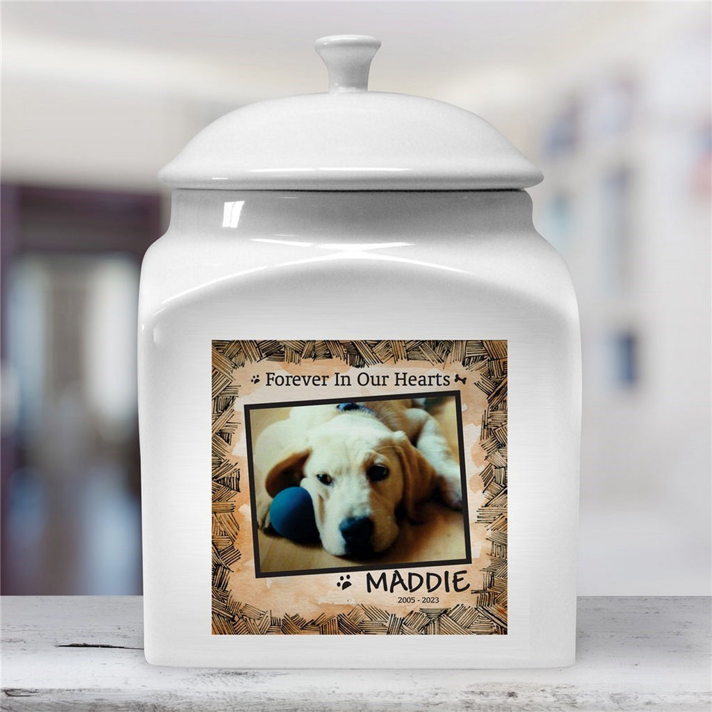 Personalized photo dog urn with custom pet photo and Forever In Our Hearts design