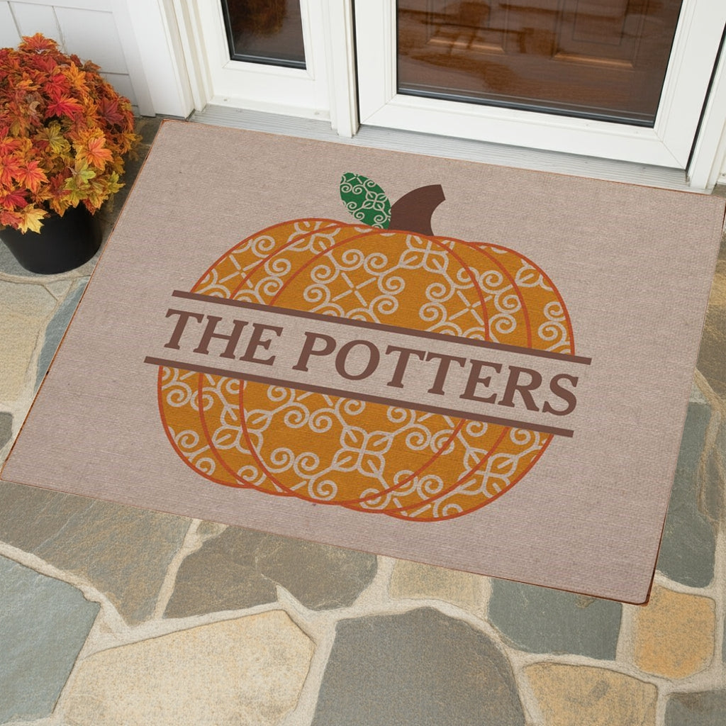 Decorative fall pumpkin personalized doormat with custom family name on porch