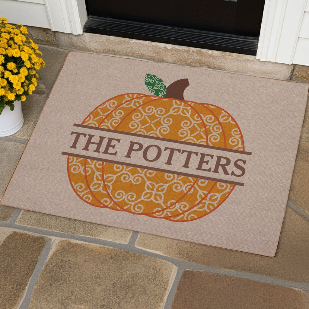 Decorative fall pumpkin personalized doormat with custom family name The Potters