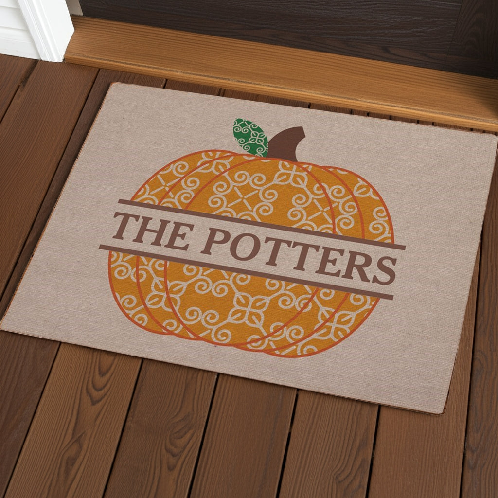 Decorative fall pumpkin personalized doormat with orange pumpkin and family name The Potters