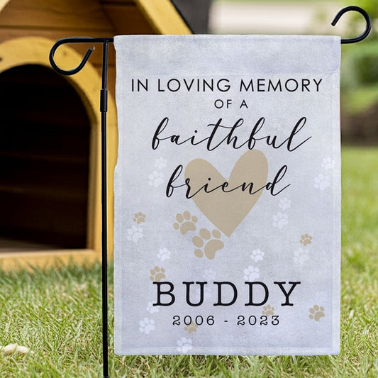 Faithful friend in loving memory pet memorial garden flag with paw prints and heart design