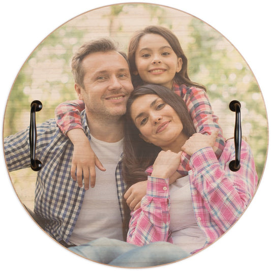 Family Photo Personalized Decorative Serving Tray with black handles featuring smiling family of three in casual clothes