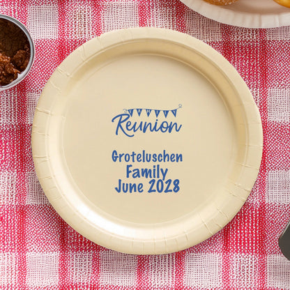 Tippytoad family reunion customized paper plates with blue text on cream background for June 2028 event