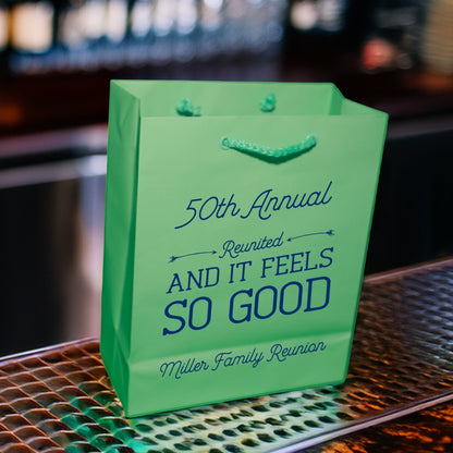 Green personalized family reunion welcome gift bags with 50th Annual Miller Family Reunion design