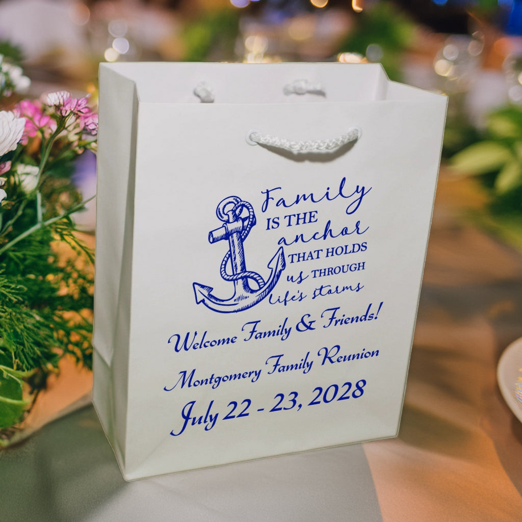 Personalized family reunion welcome gift bags with anchor design and custom text by Tippytoad
