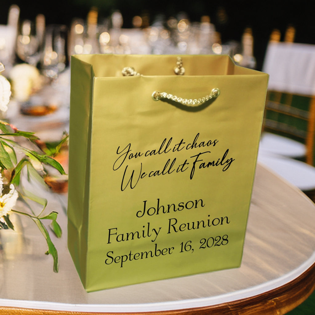 Personalized family reunion welcome gift bags in olive green with family name and reunion date