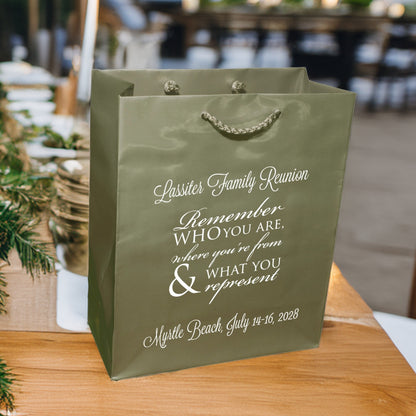 Personalized family reunion welcome gift bags in olive green with custom white text for Lassiter Family Reunion