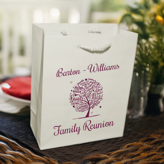 Personalized family reunion welcome gift bags by Tippytoad with family tree design and custom names