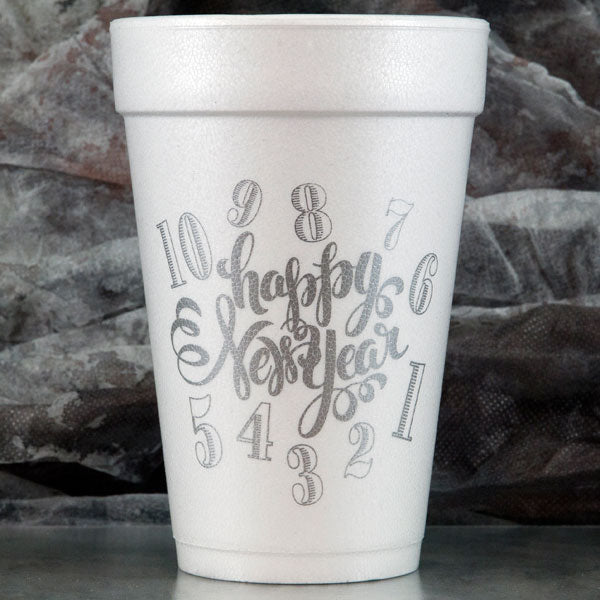 Happy New Year Countdown design printed on 16 oz polystyrene foam party cup