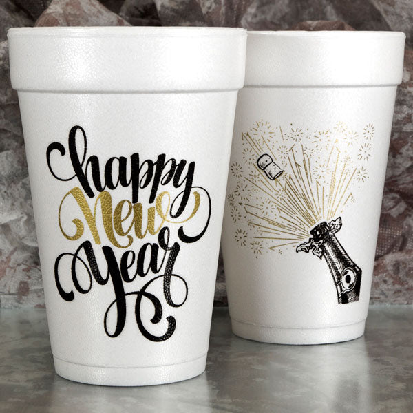 Happy New Year script design printed on 16 oz. polystyrene foam party cup