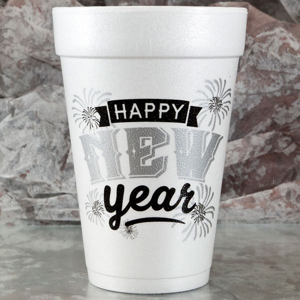 Happy New Year Fireworks design printed on 16 oz. polystyrene foam party cup