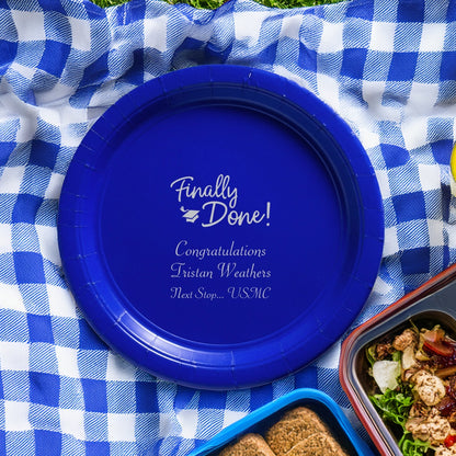 Blue paper plate personalized in silver print with "Finally Done" graduation design and text "Congratulations [Graduate Name], Next Stop... USMC"