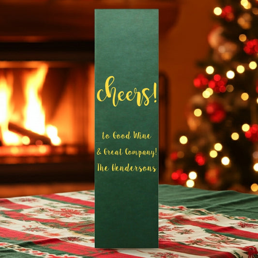 Tippytoad green wine bottle bag with gold foil lettering on table foil stamped personalized Christmas wine bottle gift boxes