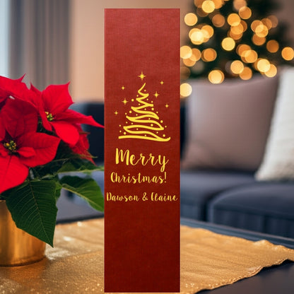 Red wine bottle bag with gold foil tree and names Merry Christmas foil stamped personalized Christmas wine bottle gift boxes