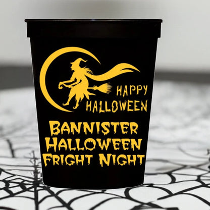 Custom Halloween stadium cup personalized with withch on broom crescent moon design and custom text in yellow print