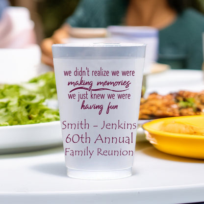 Tippytoad personalized family reunion cups with custom family names and reunion details on a table