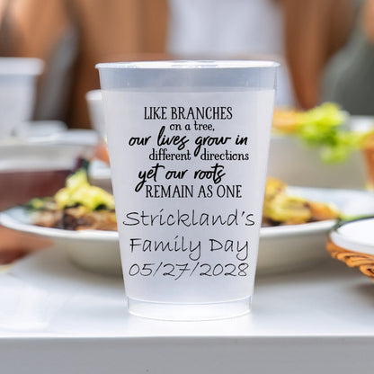 Personalized family reunion cups by Tippytoad with custom text for Strickland's Family Day 2028
