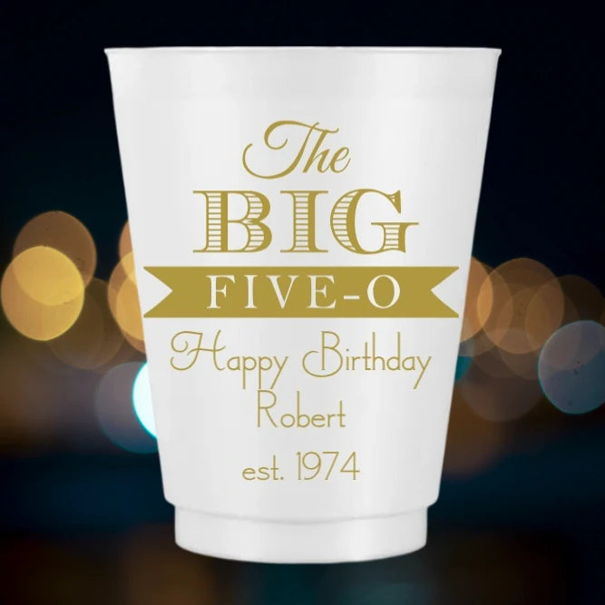 Frosted plastic adult birthday cups with 'The Big Five-O' design for celebratory occasions