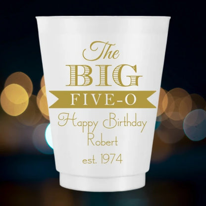 Frosted plastic adult birthday cups with 'The Big Five-O' design for celebratory occasions