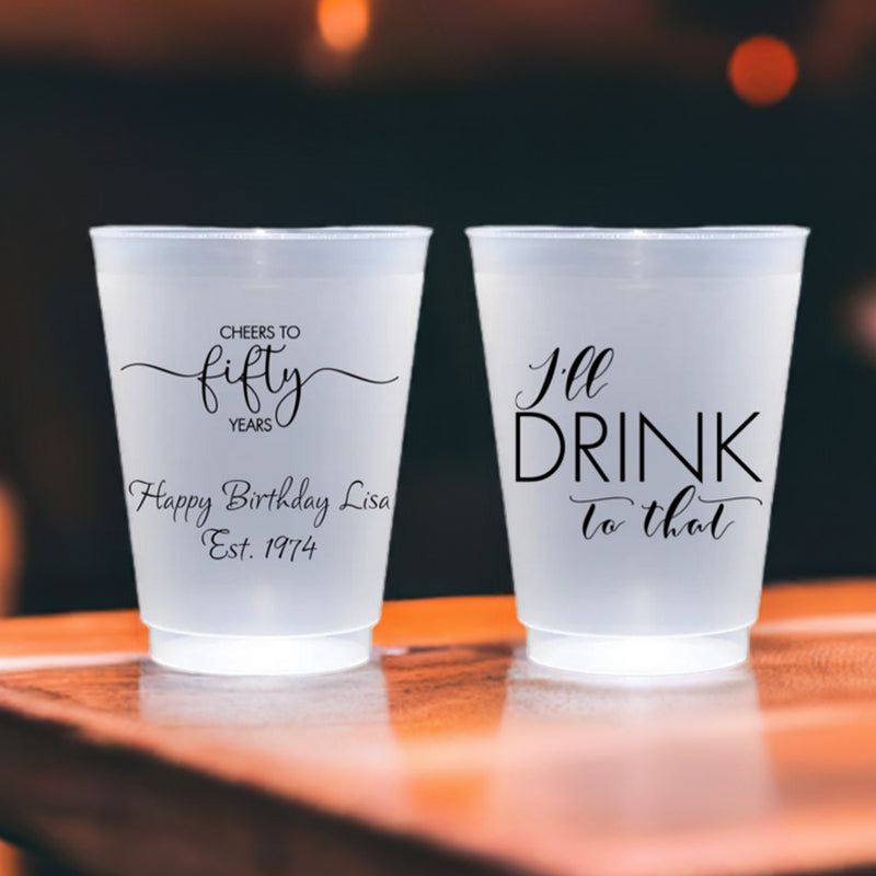 Tippytoad frosted plastic adult birthday cups celebrating Happy Birthday Lisa with fun designs