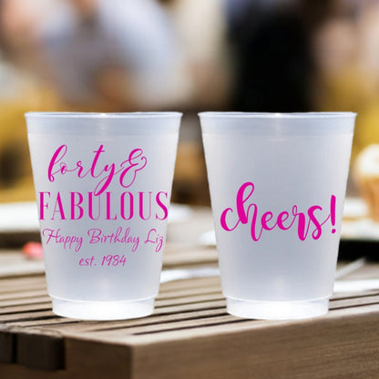 Frosted plastic adult birthday cups with vibrant pink text for a fun celebration