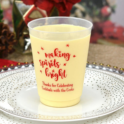 Frosted plastic Christmas party cups featuring a festive design for holiday celebrations
