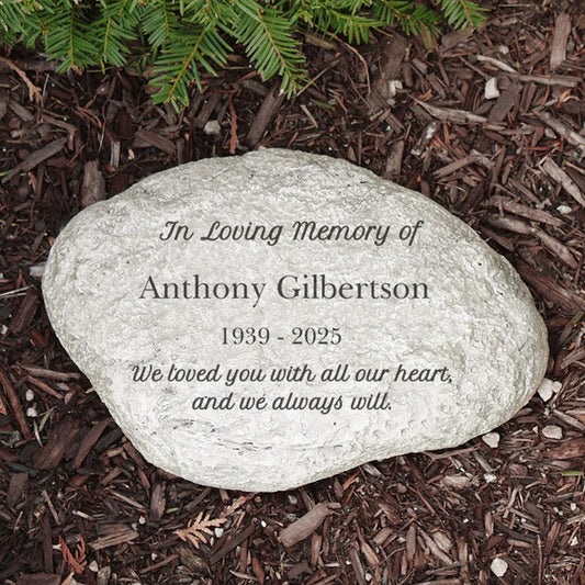 In loving memory personalized memorial garden stone engraved with tribute text on natural stone